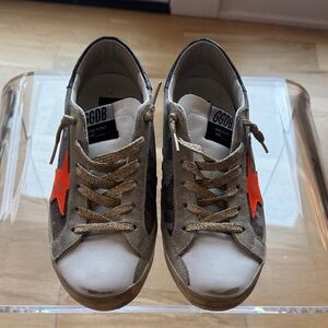 Golden Goose Camouflage Sneakers with Gold Laces and Orange Star: Superstar 38